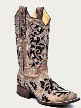 WOMEN'S BLACK GLITTER INLAY FLORAL OVERLAY WITH CRYSTALS AND STUDS SQUARE TOE